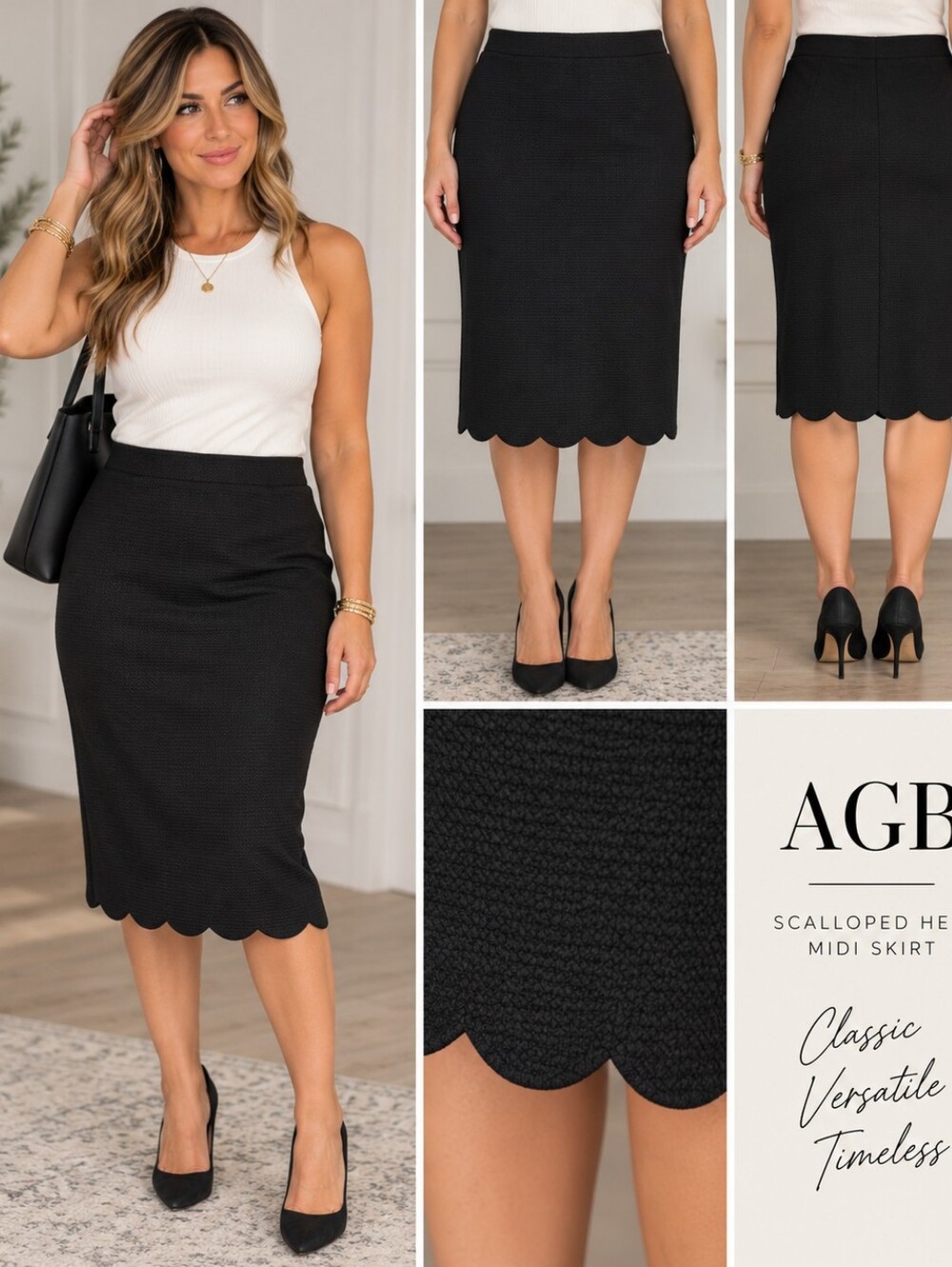 AGB Black Pull On Midi Pencil Skirt Scalloped Hem Stretch Size XL
